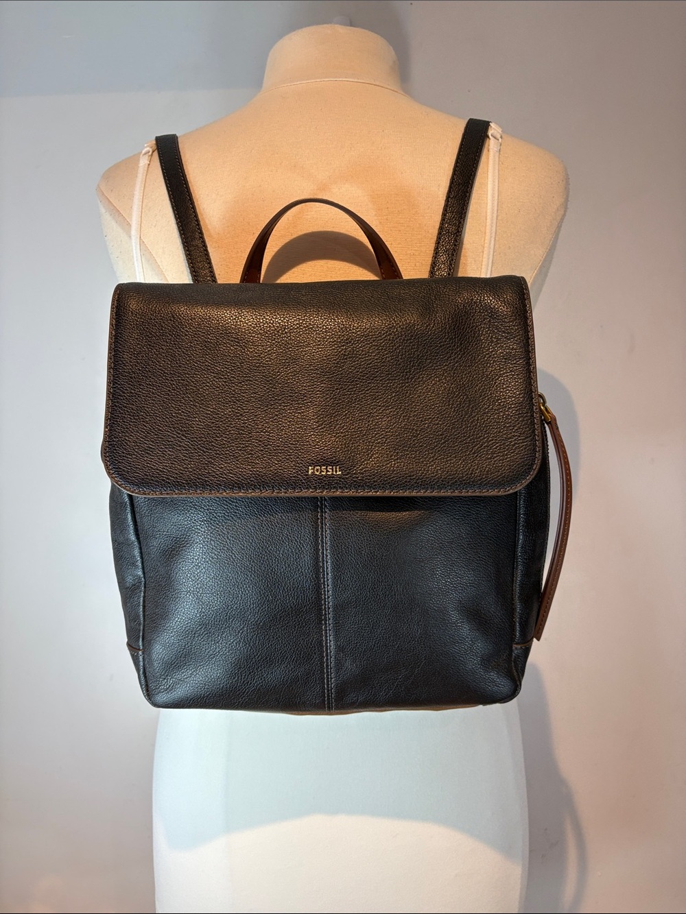 Fossil Claire Black Pebbled Leather Foldover Backpack Shoulder Bag